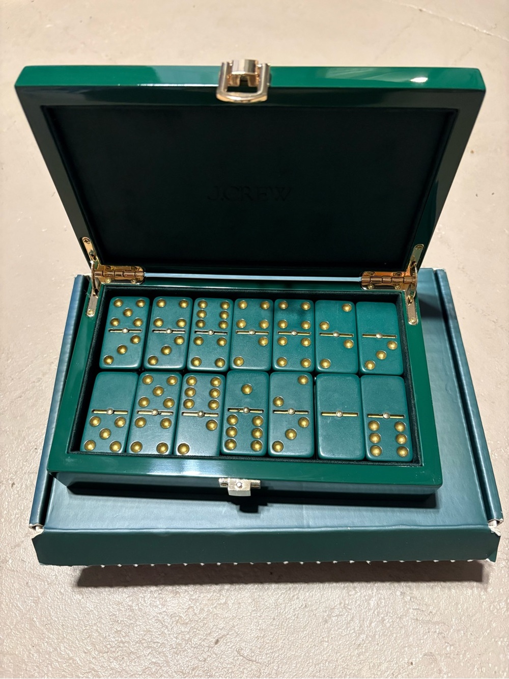 J. Crew Green Domino Set with Gold Studs in Lacquer Box